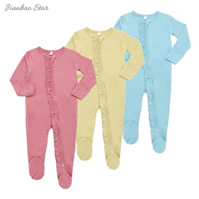 China Autumn Cozy Breathable Winter OEM Ribbed Baby Clothes Front Zip Butts Ruffle Newborn Girls Sleepwear Footie Rompers Overalls Sleep Suits for sale