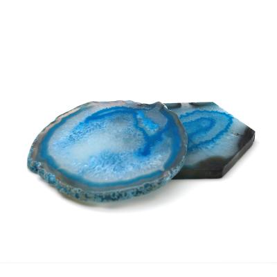 China Home Decoration Agate Coasters With Gold Edges And Rubber Bumper Geode Stone Slices Modern Blue for sale