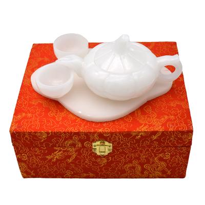 China Sustainable Teapot Set Chinese Natural White Jade Delicate Tea Cup Sets Luxury Carved Teapots Gift Box for sale