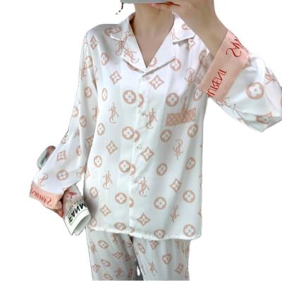 China OEM Pattern Nightgown Ladies Ice Pants QUICK DRY Silk Fashion and Long Snow Sleeve Printing Slim Silk Two Piece Home Dress Set for sale