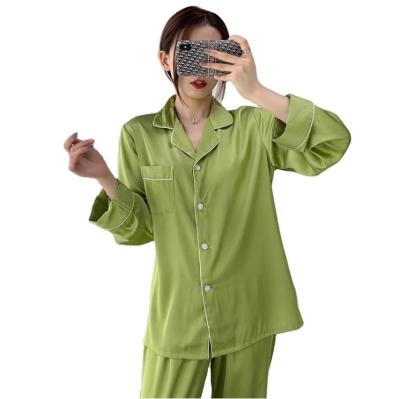 China Green color spring QUICK DRY pure thin silk pajamas new long/sleeve summer set home wear open button lady's nightgown set for sale