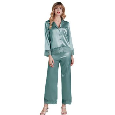 China 2022 New QUICK DRY Women Pajamas Solid Lace Satin Spring/Summer Patchworks Printed Long Sleeve Pajama Set for sale