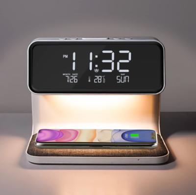 China Hot Sales 3 Stage Smart Home Lamp Bedside Night Light Wireless Charger Night Light Shine With Digital Alarm Clock for sale