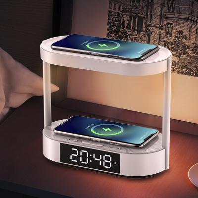 China High Quality Mobile Phone/Earphone/Smart Watch Dual Wireless Charger With Night Light Bedroom Time Display Digital Alarm Clock for sale