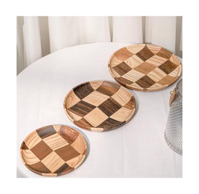 China Sustainable Customized Dinner Tray Serving Bread Plates Black Walnut Solid Wood Food Fruit Charger Round Wooden Plate for sale