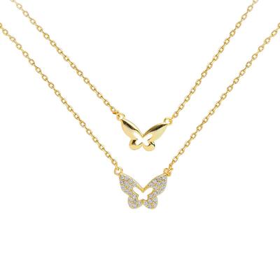 China ANENJERY TRENDY Zircon Double Layer Butterfly Necklace For Women CZ Clavicle Chain Necklace Fashion Jewelry Wholesale for sale