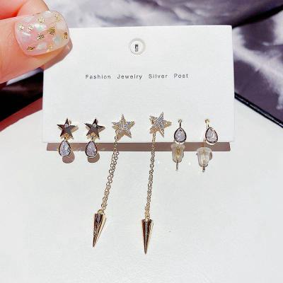 China ANENJERY TRENDY Zircon Micro-inlaid Star Tassel Earrings Set For Women Jewelry 6 Piece Earring Set for sale