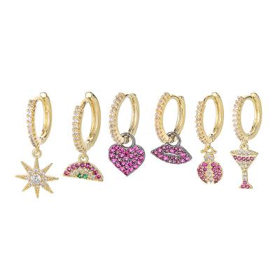 China FASHIONABLE ANENJERY Colored Zircon Love Heart Lips Stars Earrings Set Circles Huggies Earrings Exquisite Luxury Wholesale for sale