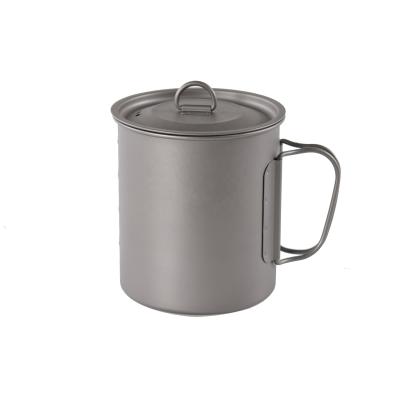 China Lightweight Folding 750ml Exterior Handle Single-walled Titanium Cup Coffee Mug Cooking Pot With Lid for sale