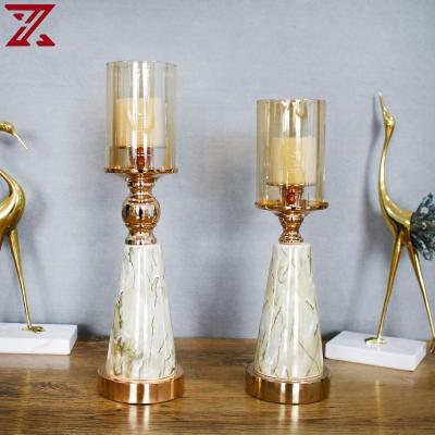 China Factory direct home supply decoration colorful ceramics with metal glass top gold candle holders for wedding decoration for sale