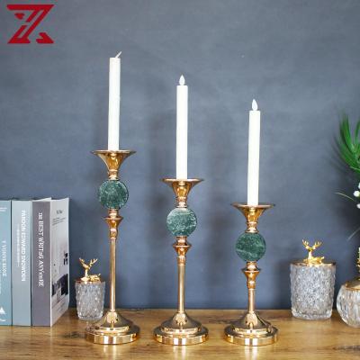 China Home Decoration European Round Panel Metal Gold Candlestick Green Marble Stand For Wedding Home Decor for sale