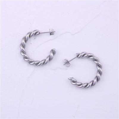 China Trendy Lead Free C Shaped 18K Gold Plated Stainless Steel Earrings Women 30mm Twisted Circle Stud Earring for sale