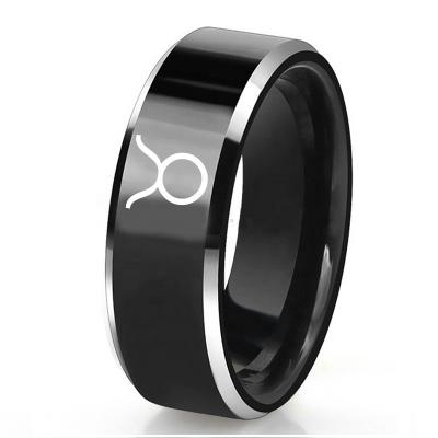 China Lead Free Nickel Free Custom Laser Engraved 12 Black Beveled Edge Tungsten Carbide Zodiac Wedding Rings Jewelry 8mm Rings For Women Men for sale