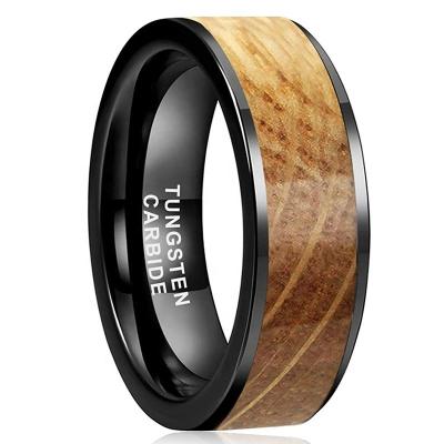 China Vintage 8mm Silver/Rose Gold Black Tungsten Carbide Rings For Men Women Wedding Bands Whiskey Barrel Oak Wood Inlay for sale