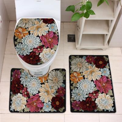 China Velvet Washable Multicolor Crystal Absorbent Toilet Floor Mat Printing Pattern Three-piece Toilet Mat for sale