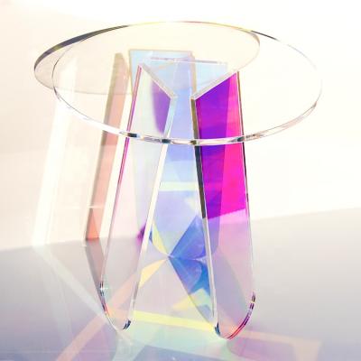 China 2021 Modern Iridescent Acrylic Crystal Colorful Rainbow Furniture Round Color Side Table Coffee Table for sale