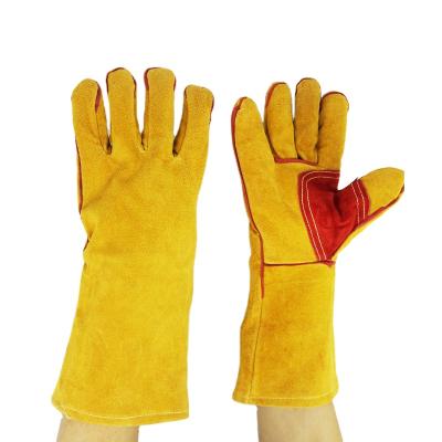 China Leather Gloves Yellow Protective Leather Gloves Gauntlet Welding Heat Resistant Gloves for sale