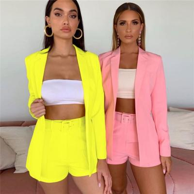 China Anti-static ready to ship 2021 new fall boutique women's neon clothing two-piece blazer suits short set for women for sale