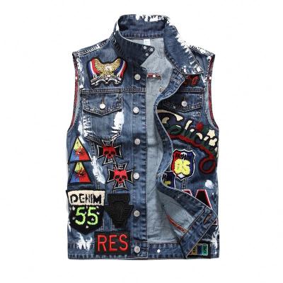 China Fancy Mens Breathable Custom Denim Vests Many Patches Badge Embroidery Mens Jeans Vest Jacket Plus Size Vests Vest for sale