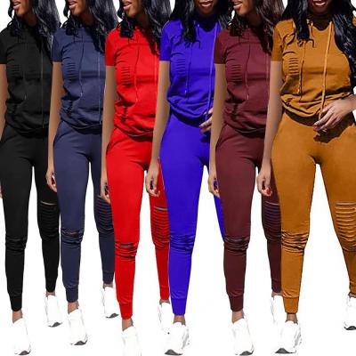 China 2020 Hot Selling Anti-Wrinkle Solid Color Women Streetwear Women Hoodie T-shirt Two Piece Pants Set Short Sleeve Tracksuits Crewneck Sweatshirt for sale