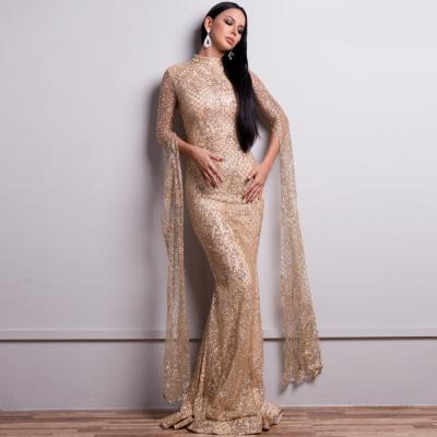 China Viable Women's Formal Gold Embroidered Lace Arabic Evening Dresses Elegant Sequins Party Tassels Fringe Mermaid Women Long Formal Dress for sale