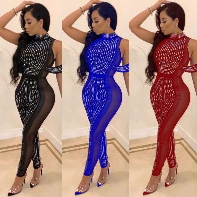 China Anti-Static Patch Casual Solid Rhinestone Mesh Women One Piece Jumpsuit for sale