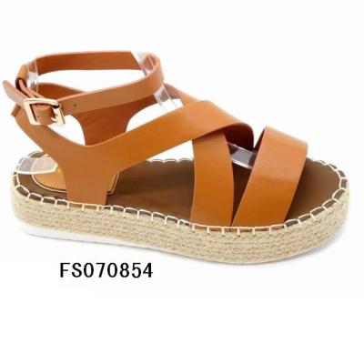 China Fashion trend brown color wedge. Thick PU split leather strap on the upper. jute lined hold. Wrinkled ankle strap attachment. for sale