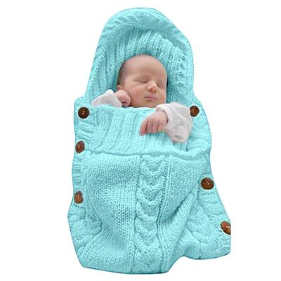 China Customized Newborn Knitted Warm Baby Anti-Shrink Handmade Button Knitted Wool Baby Hooded Winter Sweater Sleeping Bag High Quality Wrap for sale