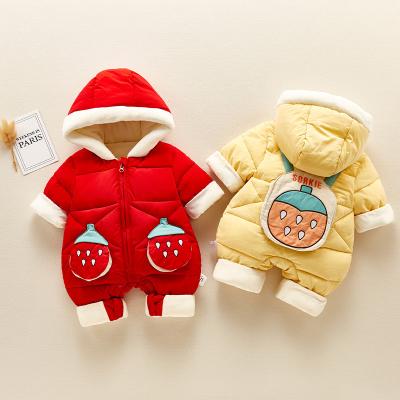 China OEM Anti-Shrink Winter Factory Hooded Warm Baby Romper With Thick Velvet Lining To Keep Warm Newborn Costume Toddlers Crawling Clothes for sale