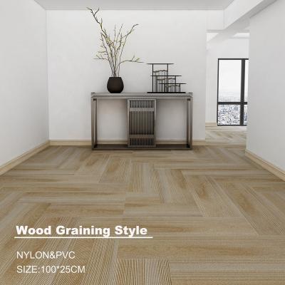 China Modern Style 25cm*100cm Thick Nylon Floor Wood Graining Stock Carpet Tiles New Modern Office Design Shanghai Hangju Wooden E Series for sale