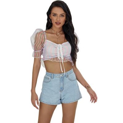 China EILLY BAZAR breathable 2022 style multicolor striped ruffle boho sweetheart neck sexy crop tops for sale