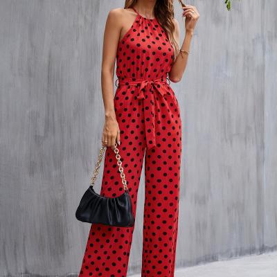 China ELEGANT Polka Dot Print Tie Back Belted Halter Jumpsuit for sale