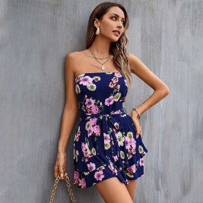 China Washable Floral Print Sleeveless Waist Belted Playsuit for sale