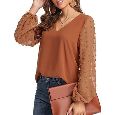 China New Viable Women's Style V-Neck Chiffon Stitching Big Hair Ball Blouse Long Sleeve Women for sale