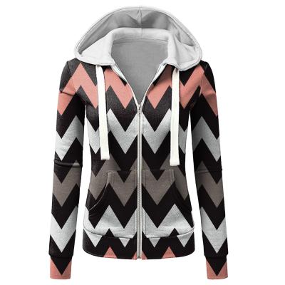 China Anti-wrinkle Women Long Sleeve Patchwork Stripe Print Hooded Zipper Casual Sports Coat for sale