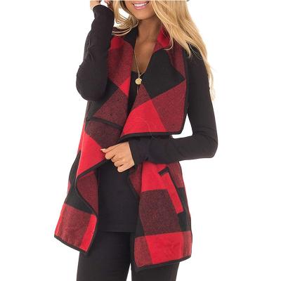 China Autumn Plaid Vest Sleeveless Coat Women's Lapel Front Cardigan Sherpa Jacket Open Pockets Anti-Shrink for sale