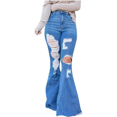 China Sustainable Women's Blue Washed Jeans Temperament Commuter High Waist Ripped Women's Jeans for sale