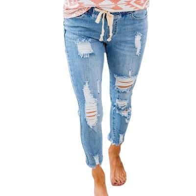 China Breathable Women Pull-On Denim Joggers Distressed Elastic Waist Stretch Pants for sale