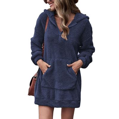 China Viable Women's Stylish Zipper Fuzzy Pullover Dresses Winter Warm Hoodie Tunic Long Tops Fleece Sweatshirts for sale