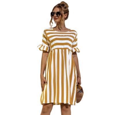 China Breathable Summer Striped Women Dress 2021 Ruffles Short Sleeve O-Neck Patchwork Pockets Casual Loose Midi Dresses for sale