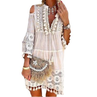 China Breathable Causal 3/4 Sleeve V-Neck Boho Vacation Dresses for sale