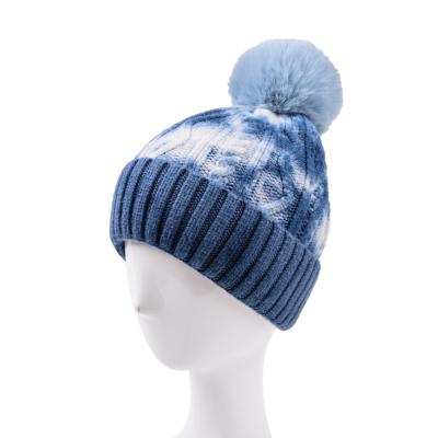 China New Fashion COMMON Autumn Tie Dyed Knitted Hat Wholesale Matching Pom Poms Women Winter for sale