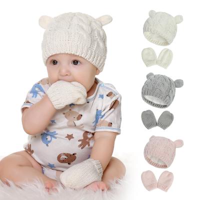 China Winter Solid Color Striped Knitted Girls Boys Warmer Hat Head Beanie With Mitten for sale