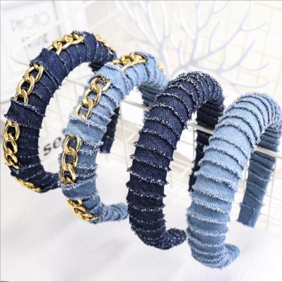 China Wholesale Popular Wide Headband Denim Edge Hair Band Accessories Black and Blue Thick Headband for Women for sale