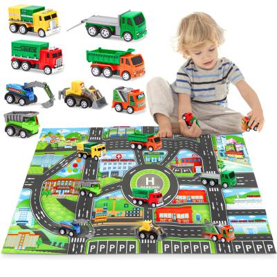 China Simulation Model Mini Pull Back and Go Cars Model Trucks Play Vehicles Construction Toy Cars Set with Playmat for sale