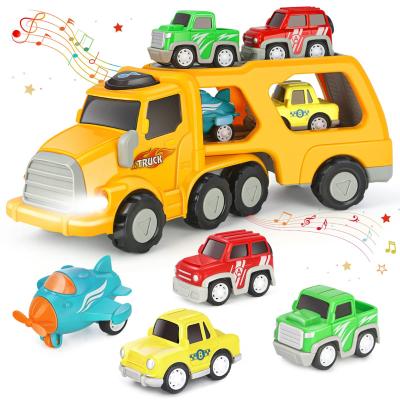 China Eco-Friendly Material Construction Truck Toys Set, 5 in 1 Toddler Car Friction Power Vehicle in Transporter Truck with Light and Sound for sale