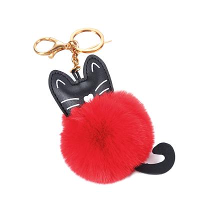 China The decoration/gift/etc. Customize Pompom Keychains Cat Shaped Cute Puff Ball Fur Pompom Leather Key Chain Keychain for sale