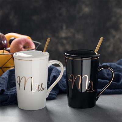 China Wholesale Customized Viable Logo Valentine's Day Wedding Gift Couples Tea Mug Diamond Angle With Lid Spoon Water Cup Ceramic Coffee Mug for sale