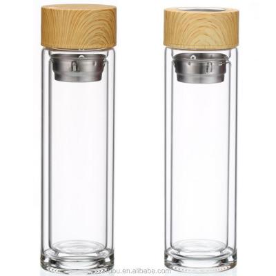 China Sustainable Double Wall Glass Water Bottle With Bamboo Lid , Bamboo Water Bottle Glass for sale