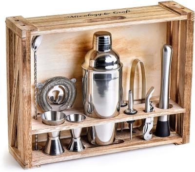 China Amazon's Success Bar 11-Piece Metal Tool Kit with Wooden Stand - Kit Cocktail Shaker Set Holding the Perfect Home Bar (Silver) for sale